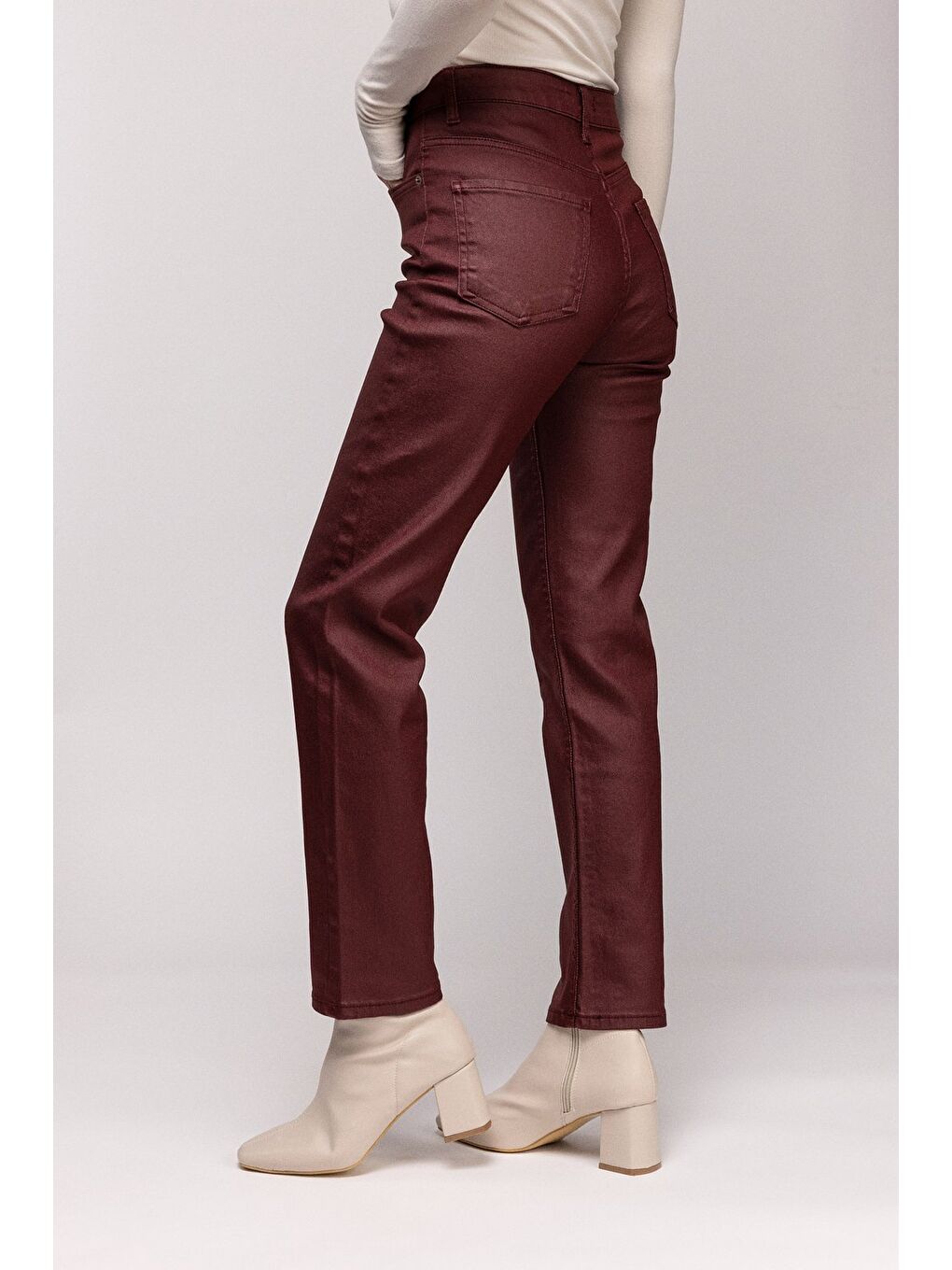 Bordo Kadın Mumlu (Waxed) Yüksek Bel Düz Kesim Elastanlı Jean Pantolon - Tam Kalıp-2