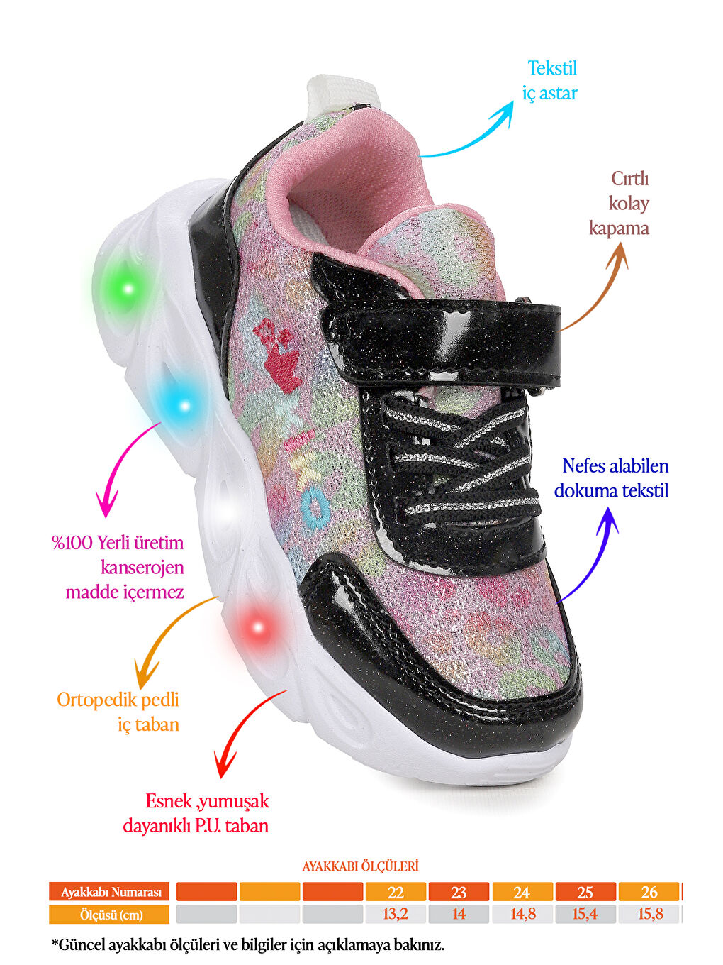 Siyah Teno Cırtlı Işıklı Kız Bebek Spor Ayakkabı-1