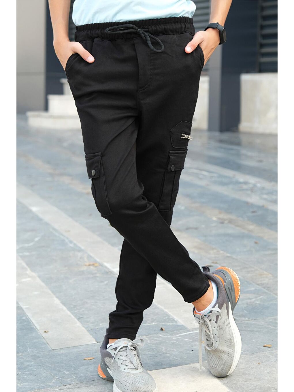 Siyah Erkek Çocuk Kargo Pantolon Kanvas Elastanlı-2