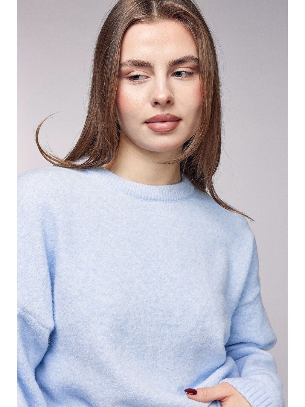 Mavi Bisiklet Yaka Oversize Dokulu Triko Kazak - Geniş Kol Detay-4