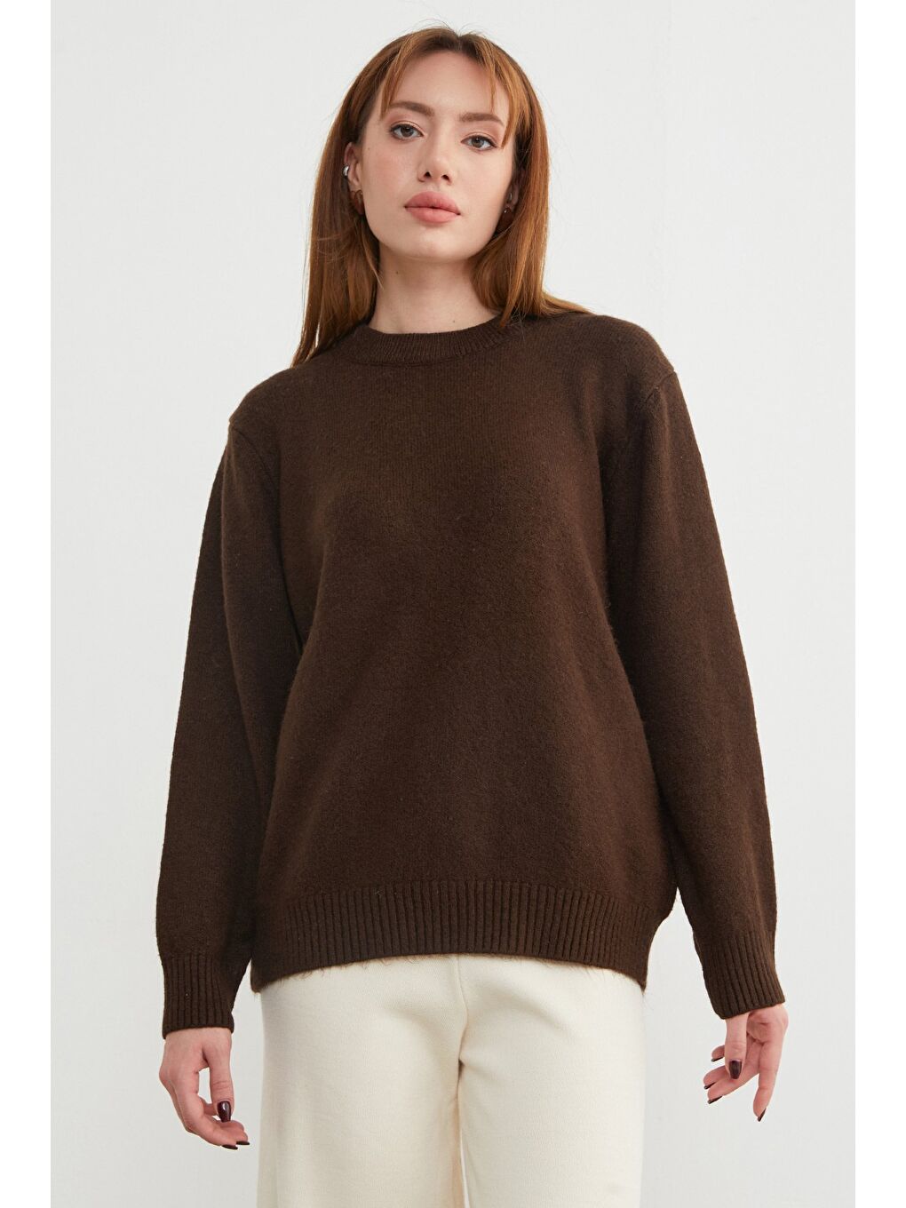 Kahverengi Basic Bisiklet Yaka Salaş Triko Kazak-3