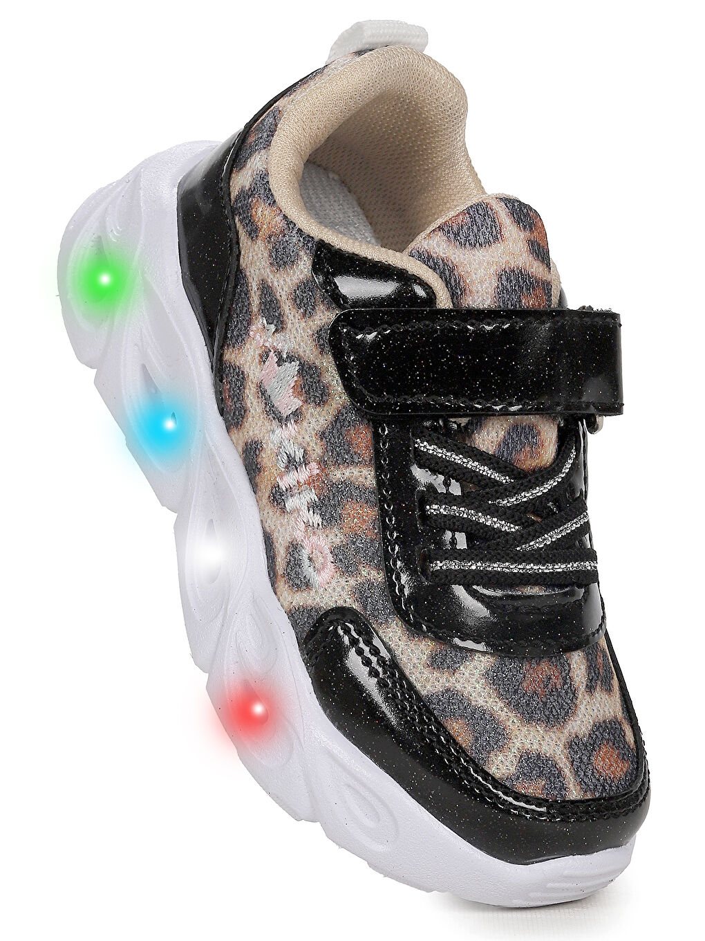 Siyah Teno Leopar Desenli Cırtlı Işıklı Kız Bebek Spor Ayakkabı