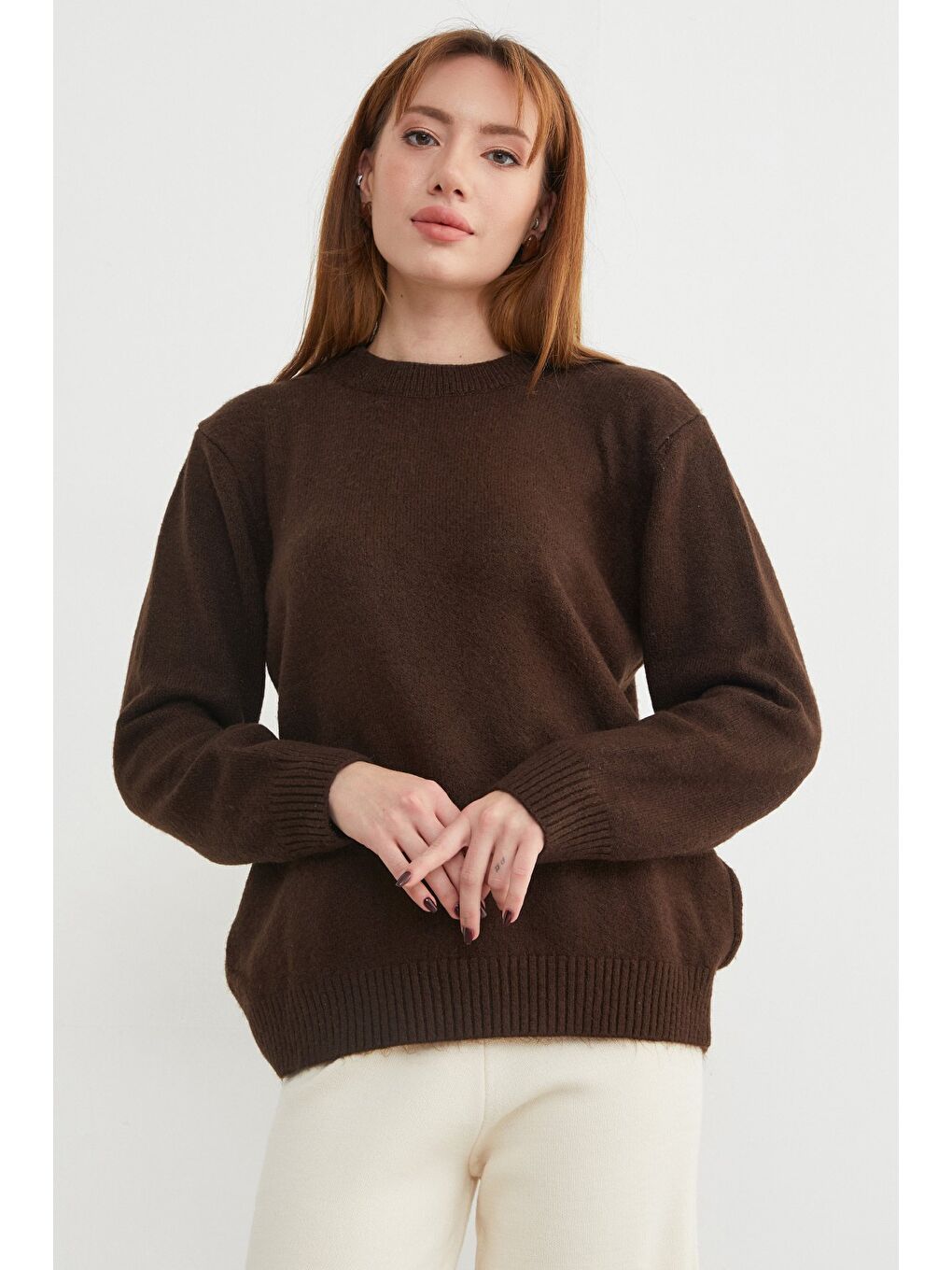 Kahverengi Basic Bisiklet Yaka Salaş Triko Kazak-4