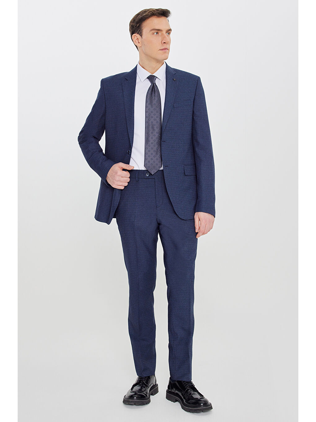 Erkek Lacivert-Mavi Slim Fit Dar Kesim Mono Yaka Desenli Takım Elbise