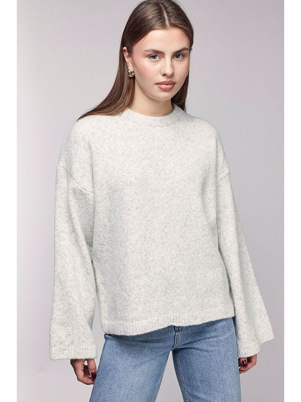 Bej Taş Bisiklet Yaka Oversize Dokulu Triko Kazak - Geniş Kol Detay