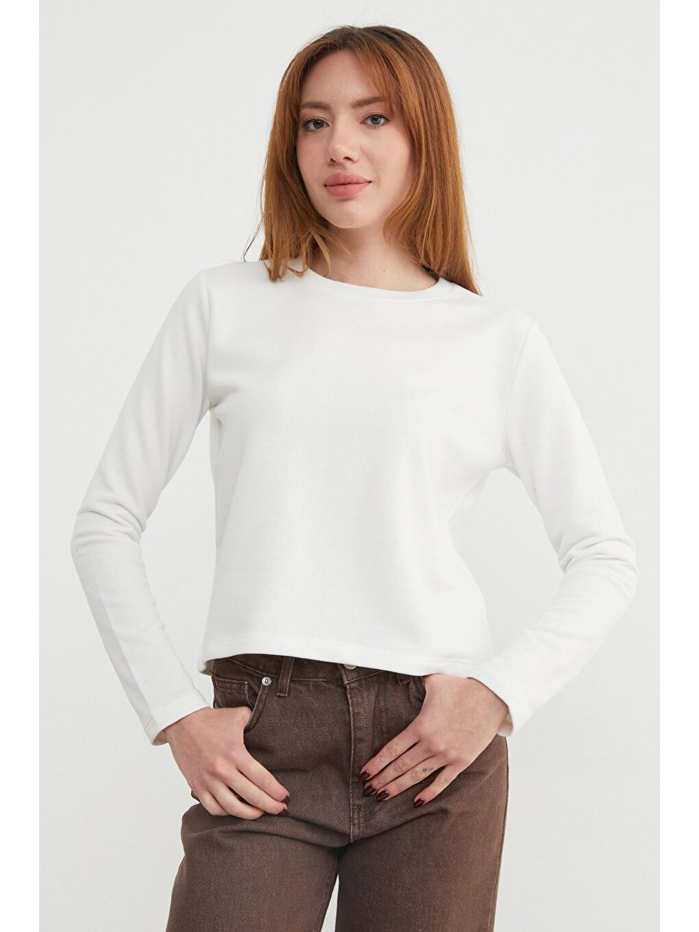 Ekru 3 İplik Şardonsuz Yakası Ribanalı Sweatshirt