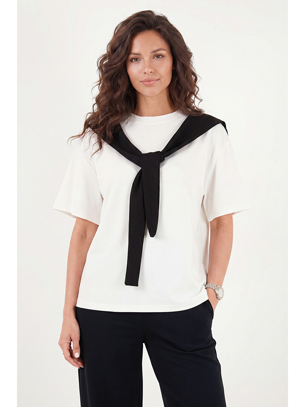 Lila Rahat Kalıp Bisiklet Yaka Omuz Şal Detaylı T Shirt 5867044-1