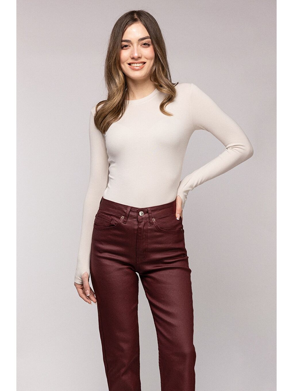 Bordo Kadın Mumlu (Waxed) Yüksek Bel Düz Kesim Elastanlı Jean Pantolon - Tam Kalıp-4