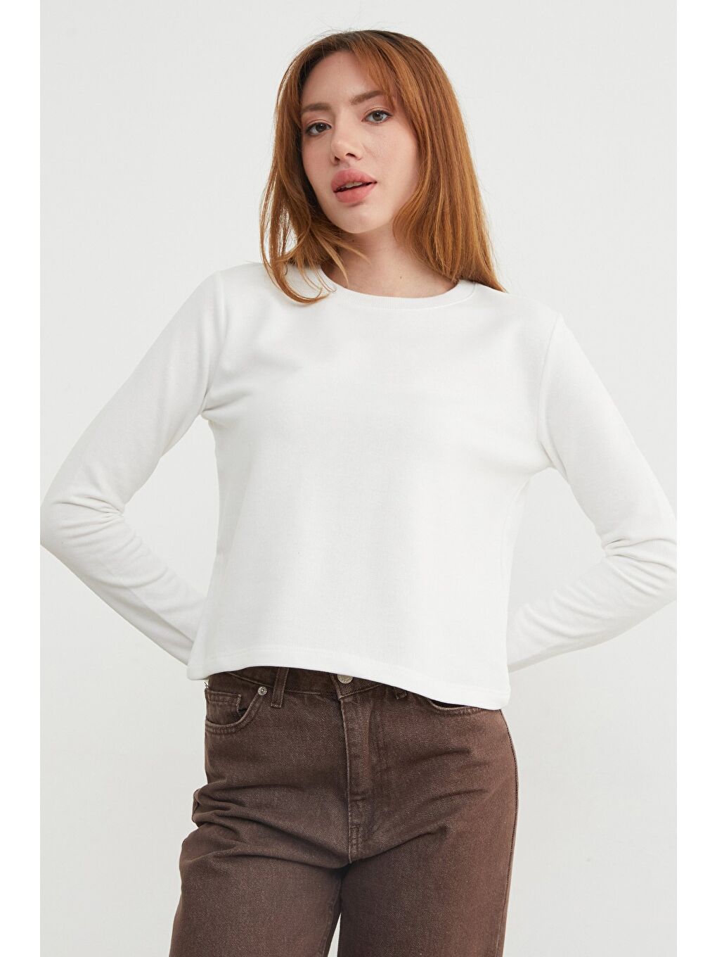 Ekru 3 İplik Şardonsuz Yakası Ribanalı Sweatshirt-2