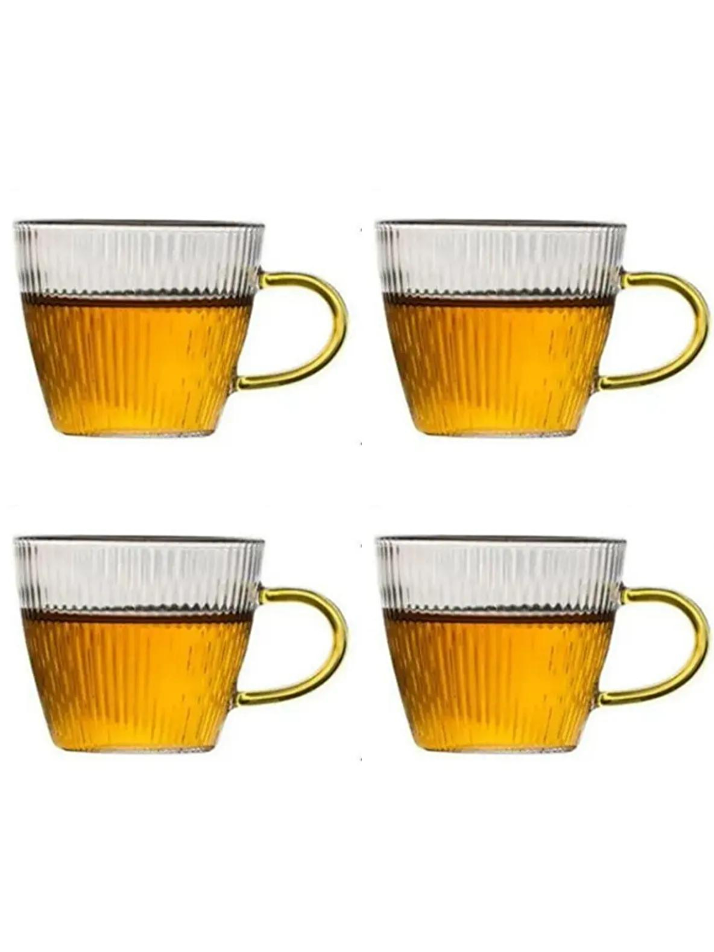 Dikey Çizgi Tasarımlı Sarı Kulplu Fincan 120 ml Cam Türk Kahvesi Fincanı 4 Adet 2672