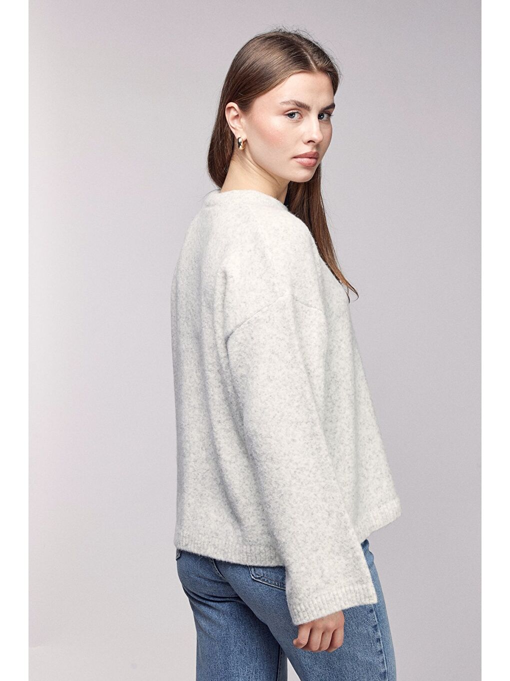 Bej Taş Bisiklet Yaka Oversize Dokulu Triko Kazak - Geniş Kol Detay-1