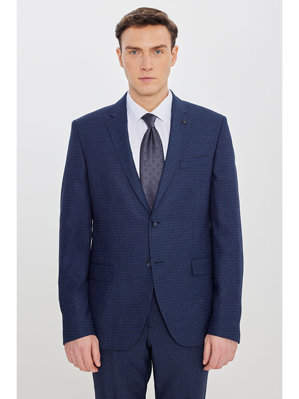 Erkek Lacivert-Mavi Slim Fit Dar Kesim Mono Yaka Desenli Takım Elbise-1