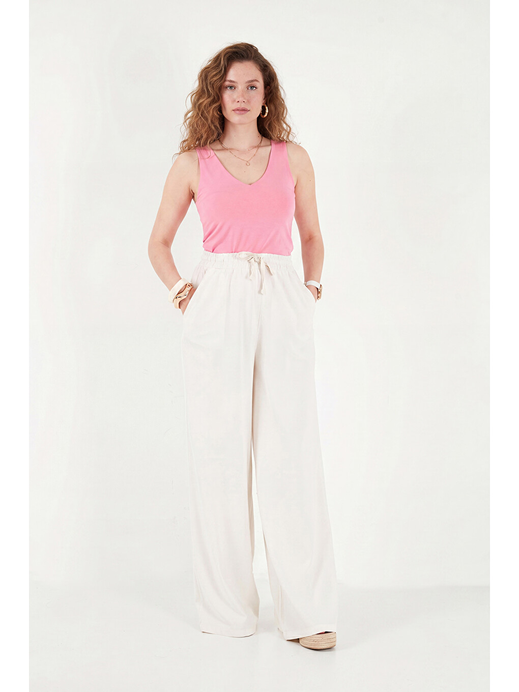 Ekru Pamuklu Relaxed Fit Yüksek Bel Geniş Paça Pantolon 668yp5559-2