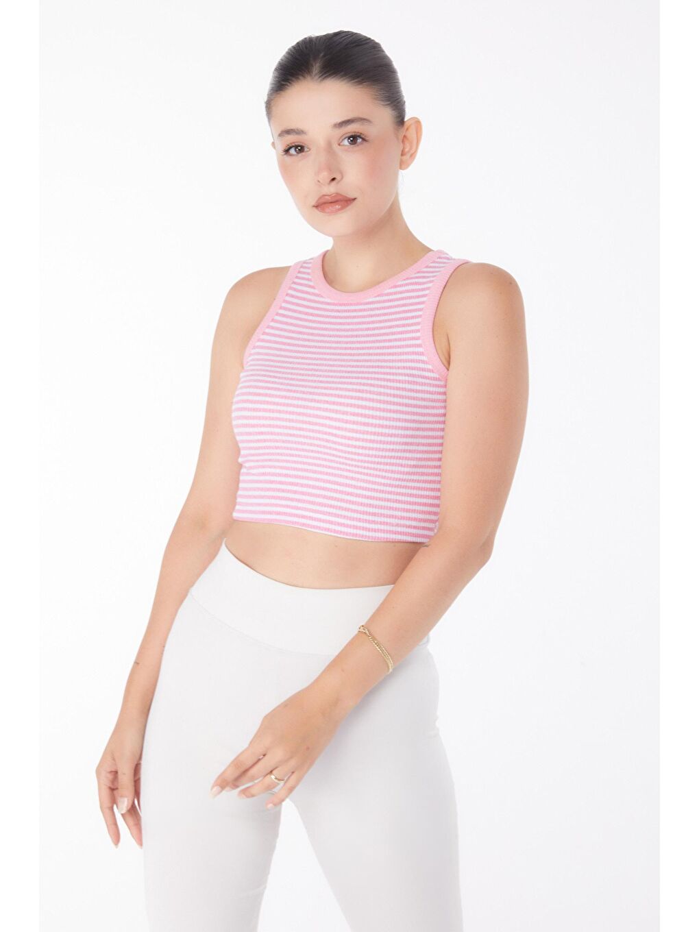 TOFİSA Pembe Düz Bisiklet Yaka Kadın Pembe Çizgili Crop - 25958