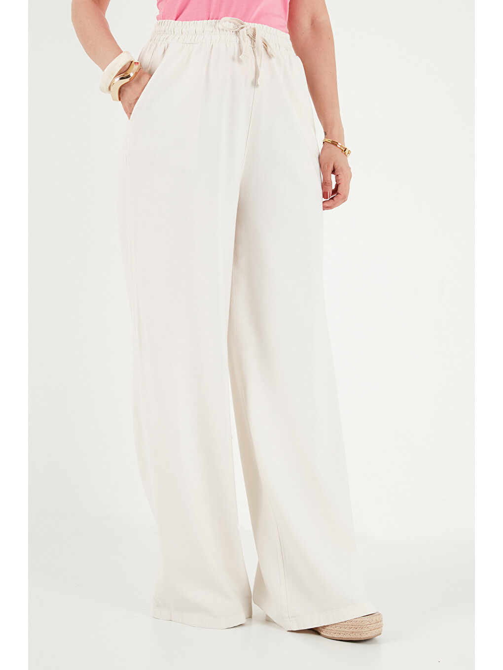 Ekru Pamuklu Relaxed Fit Yüksek Bel Geniş Paça Pantolon 668yp5559-3