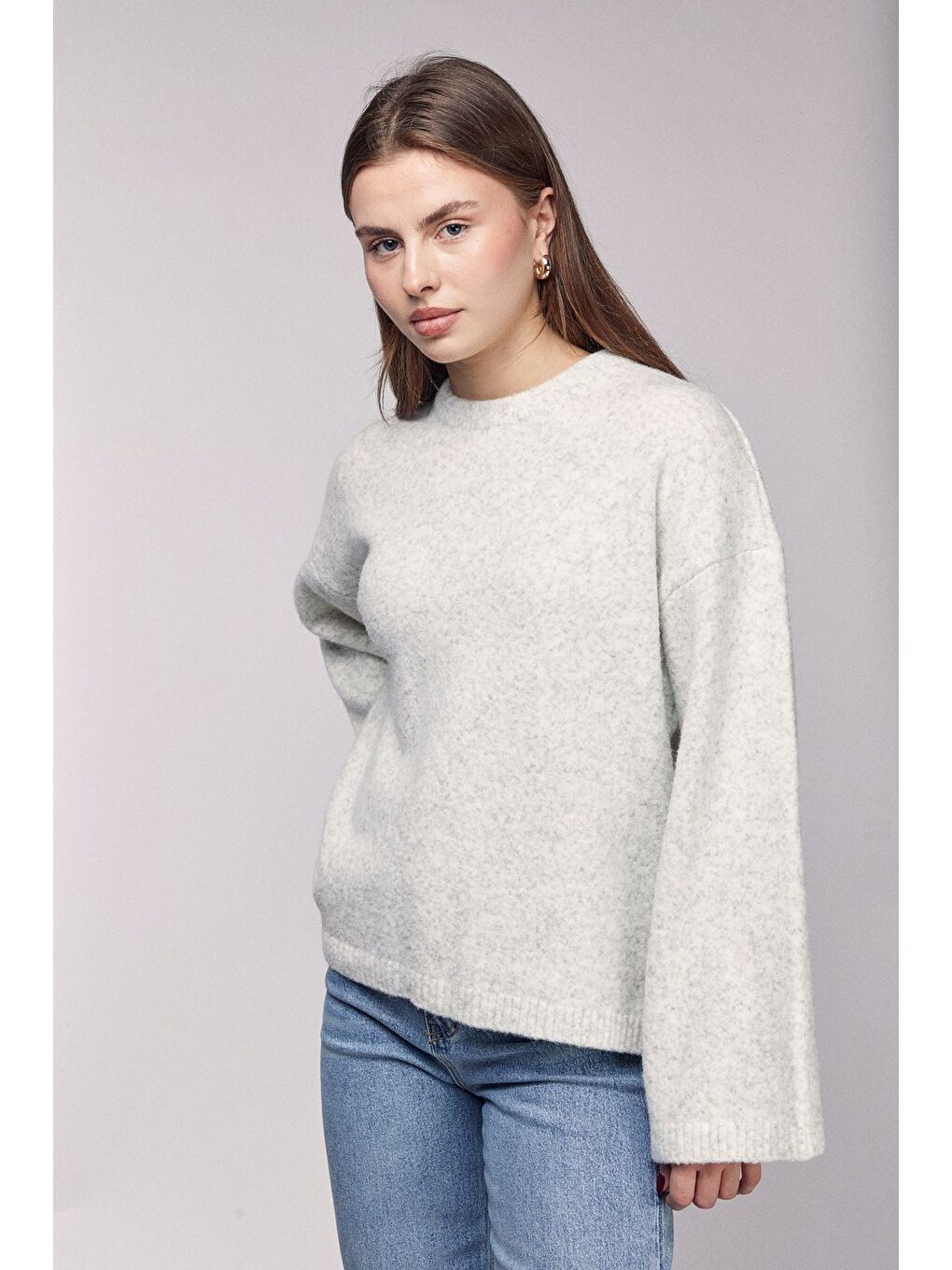 Bej Taş Bisiklet Yaka Oversize Dokulu Triko Kazak - Geniş Kol Detay-2