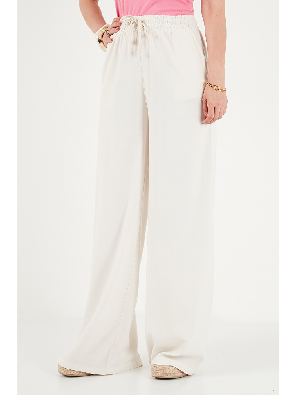 Ekru Pamuklu Relaxed Fit Yüksek Bel Geniş Paça Pantolon 668yp5559-4