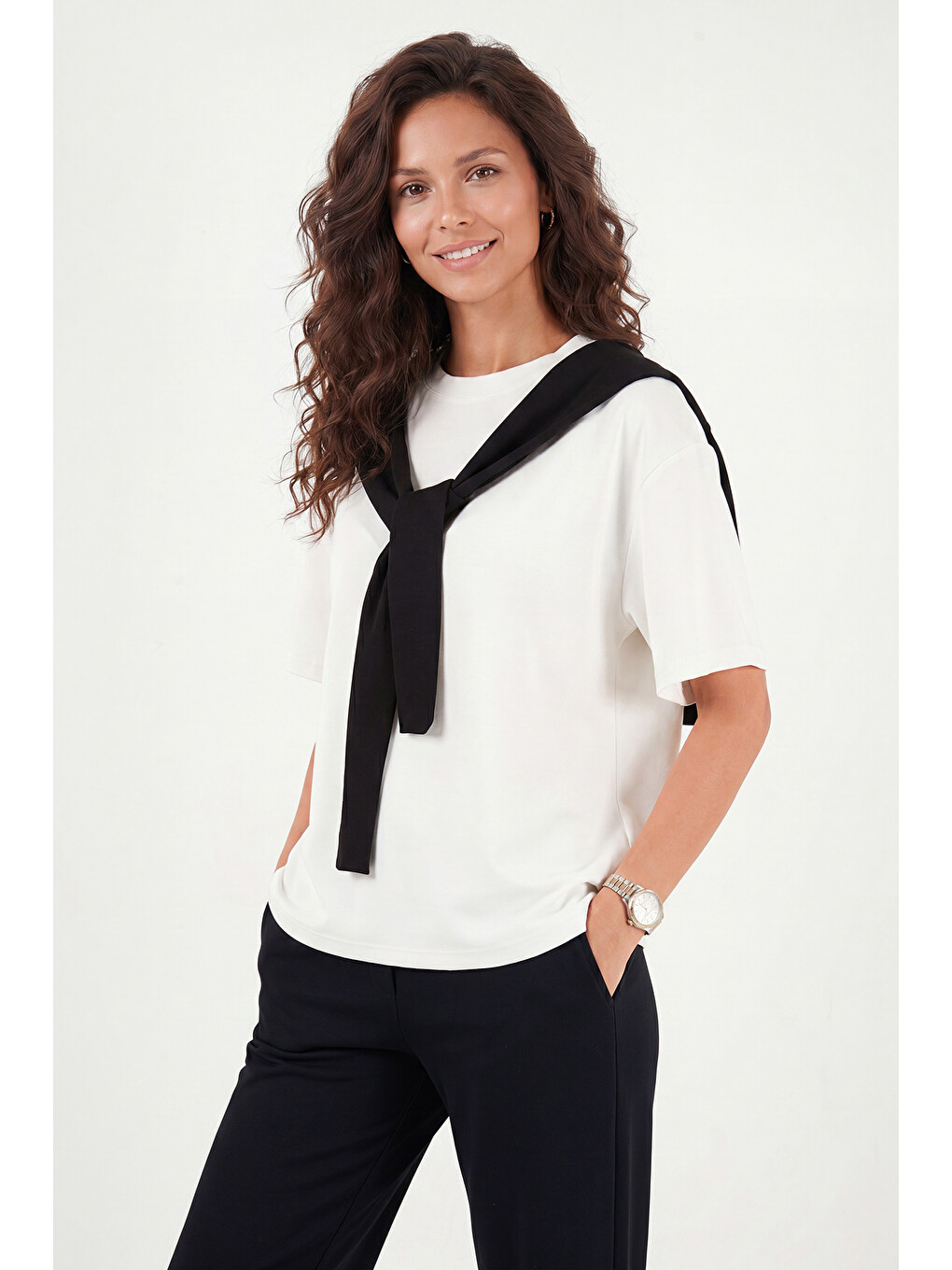 Lila Rahat Kalıp Bisiklet Yaka Omuz Şal Detaylı T Shirt 5867044-2