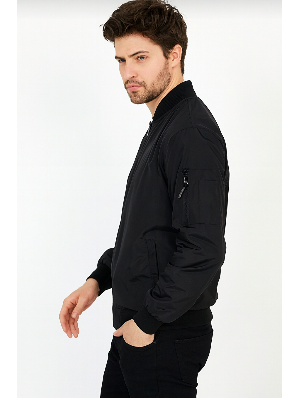 Erkek Fermuarlı Siyah Kolej Ceket-1