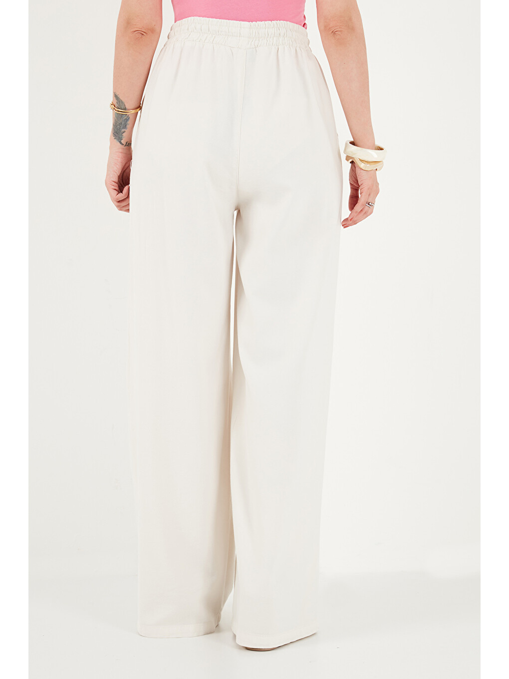 Ekru Pamuklu Relaxed Fit Yüksek Bel Geniş Paça Pantolon 668yp5559-5