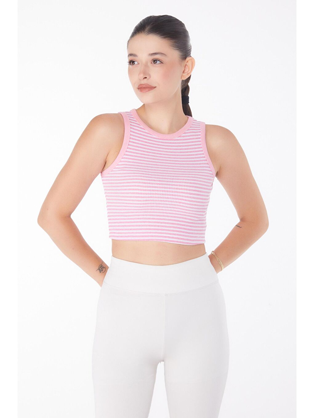 TOFİSA Pembe Düz Bisiklet Yaka Kadın Pembe Çizgili Crop - 25958 - 1