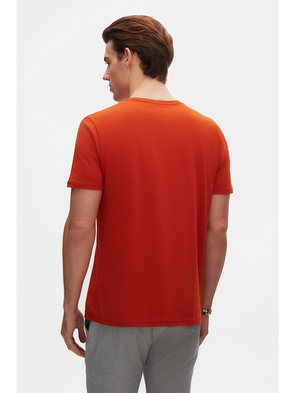 Kahverengi Slim Fit Kiremit Bisiklet Yaka %100 Pamuklu Nefes Alabilen Tişört-2