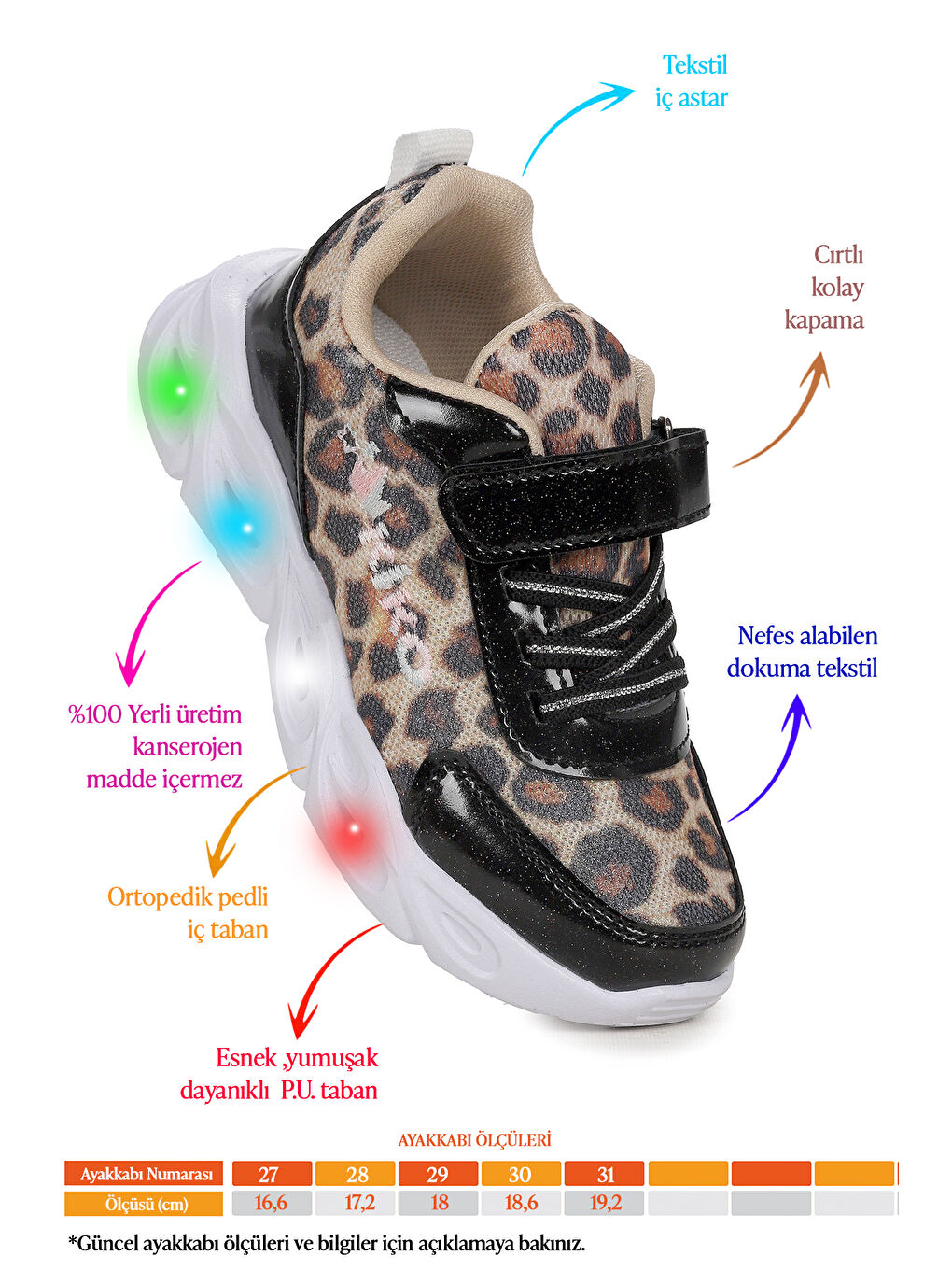 Siyah Teno Leopar Desenli Cırtlı Işıklı Kız Çocuk Spor Ayakkabı-1