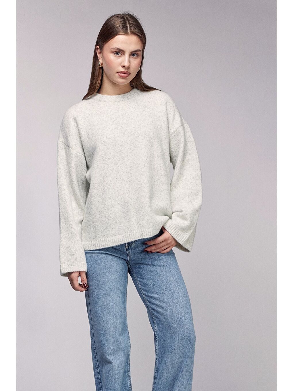 Bej Taş Bisiklet Yaka Oversize Dokulu Triko Kazak - Geniş Kol Detay-3