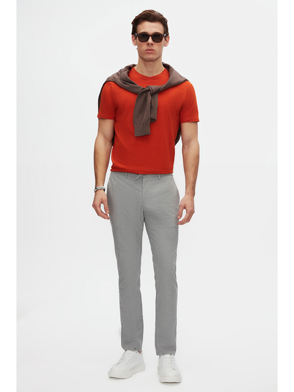 Kahverengi Slim Fit Kiremit Bisiklet Yaka %100 Pamuklu Nefes Alabilen Tişört-3