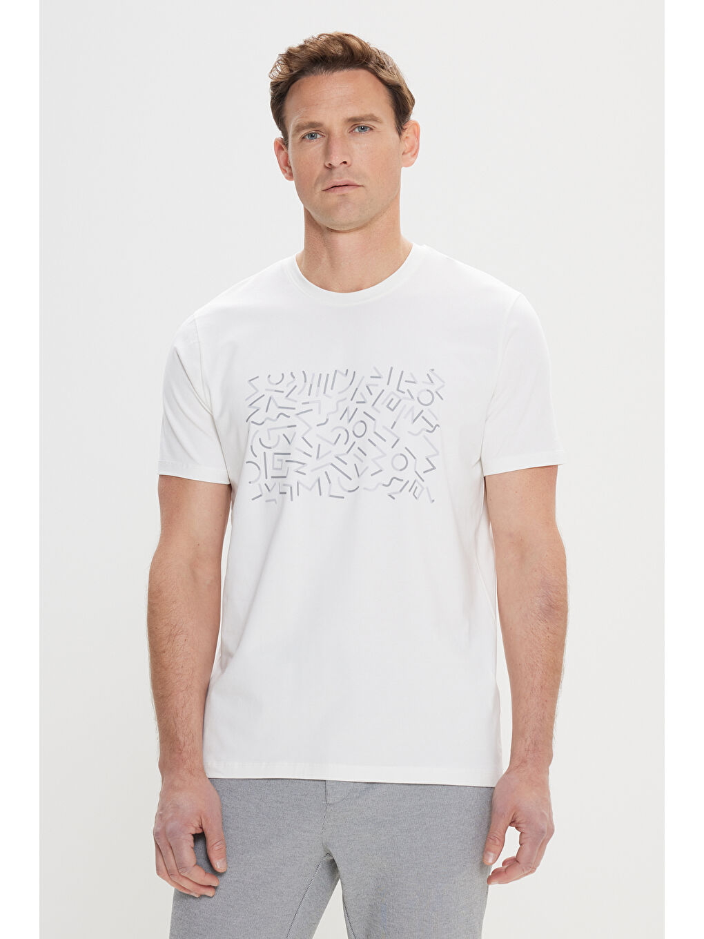 Erkek Ekru Dar Kesim Pamuklu Esnek Baskılı Bisiklet Yaka Tişört-2