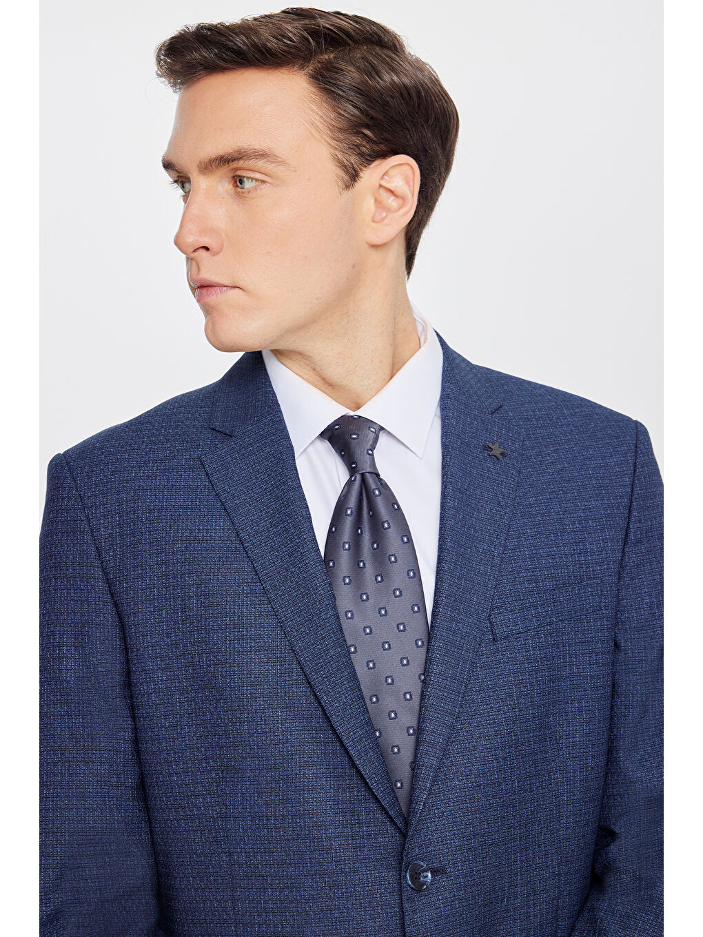 Erkek Lacivert-Mavi Slim Fit Dar Kesim Mono Yaka Desenli Takım Elbise-2