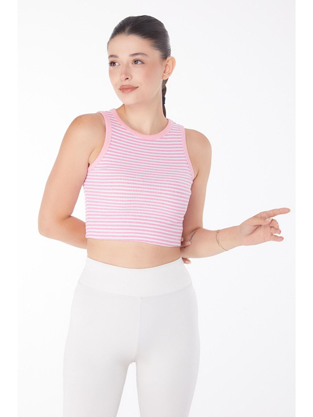 TOFİSA Pembe Düz Bisiklet Yaka Kadın Pembe Çizgili Crop - 25958 - 2