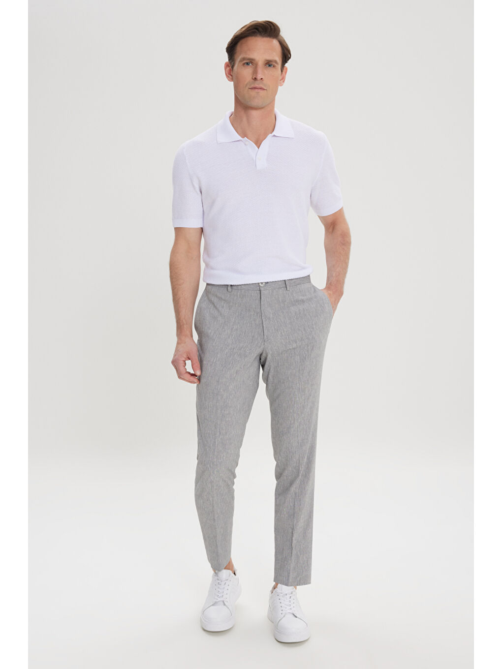 Erkek Gri Slim Fit Dar Kesim Keten Pamuk Yan Cepli Desenli Esnek Pantolon