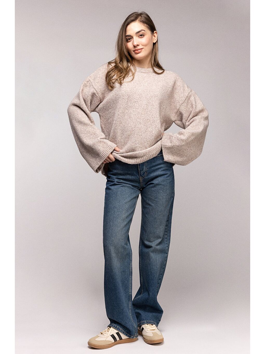 Bej Bisiklet Yaka Oversize Dokulu Triko Kazak - Geniş Kol Detay-2