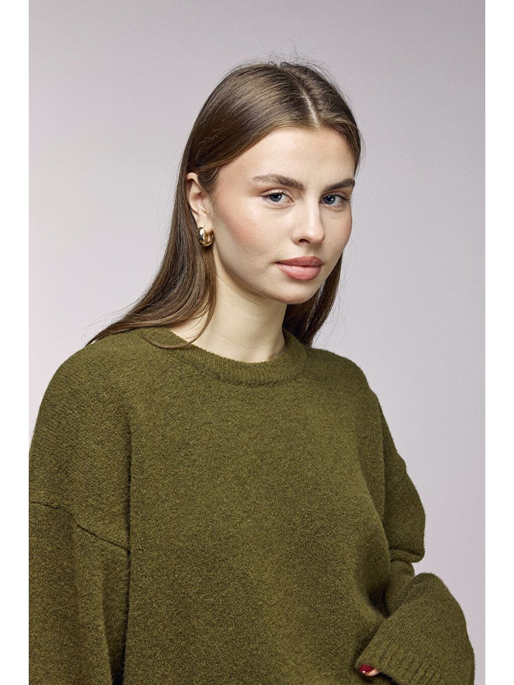 Beyaz Haki Bisiklet Yaka Oversize Dokulu Triko Kazak - Geniş Kol Detay-2