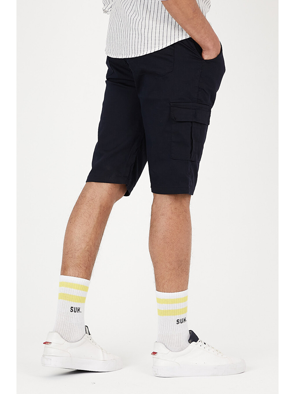 Lacivert None Denim Yandan Kargo Cepli Esnek Kumaş Erkek Kargo Şort Bermuda-3