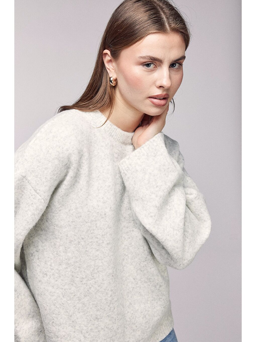 Bej Taş Bisiklet Yaka Oversize Dokulu Triko Kazak - Geniş Kol Detay-4