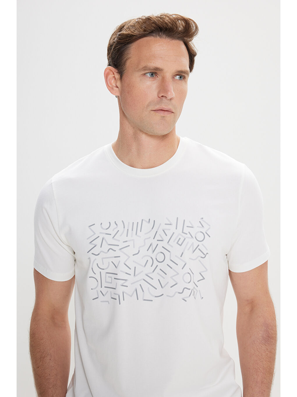 Erkek Ekru Dar Kesim Pamuklu Esnek Baskılı Bisiklet Yaka Tişört-3