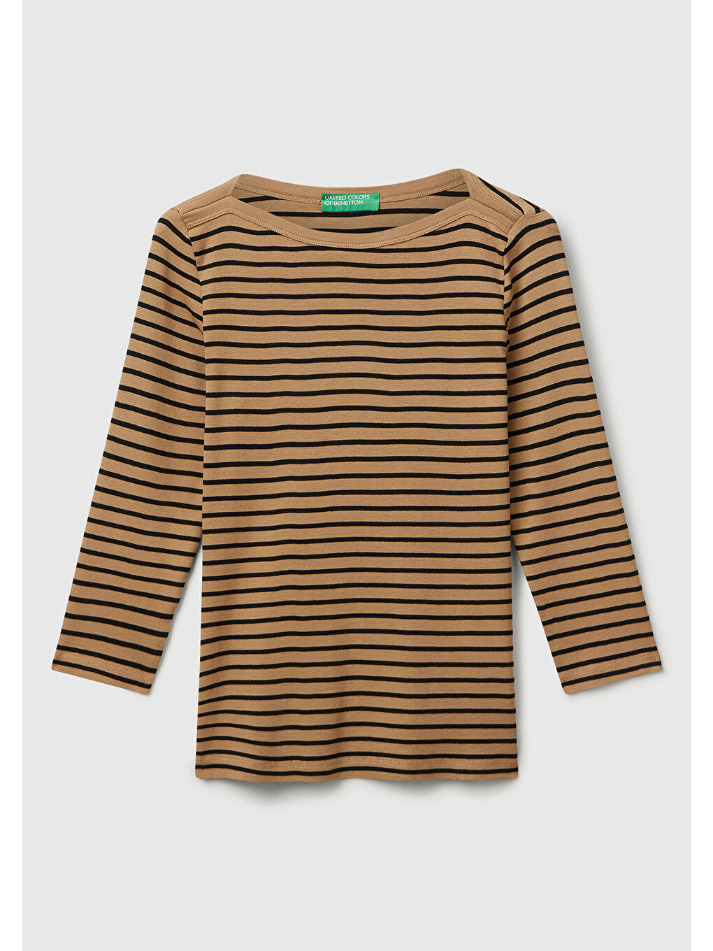 Kadın Kahverengi %100 Pamuk Çizgili Logolu Kayık Yaka Truvakar Kol T-Shirt-1