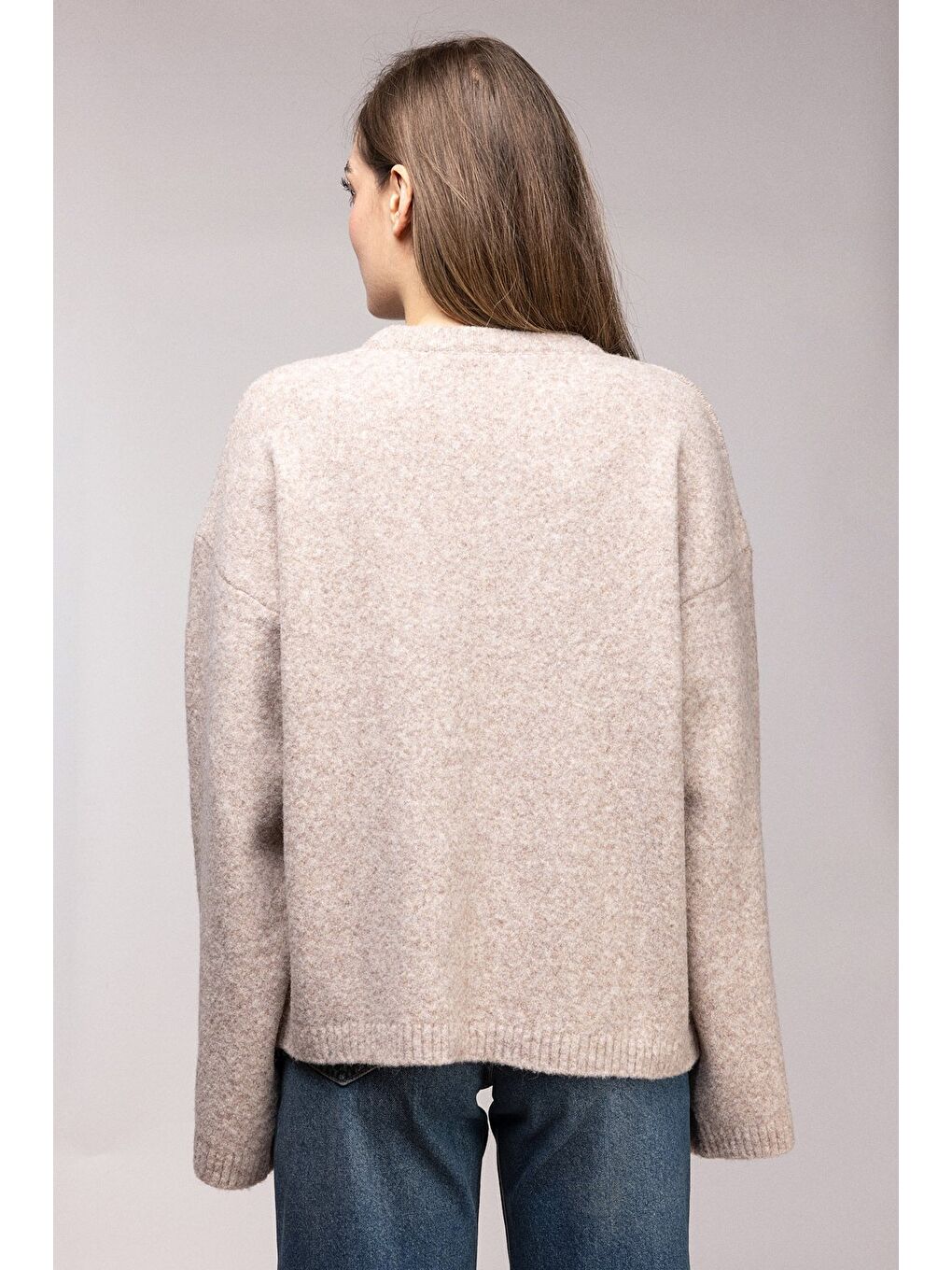 Bej Bisiklet Yaka Oversize Dokulu Triko Kazak - Geniş Kol Detay-3