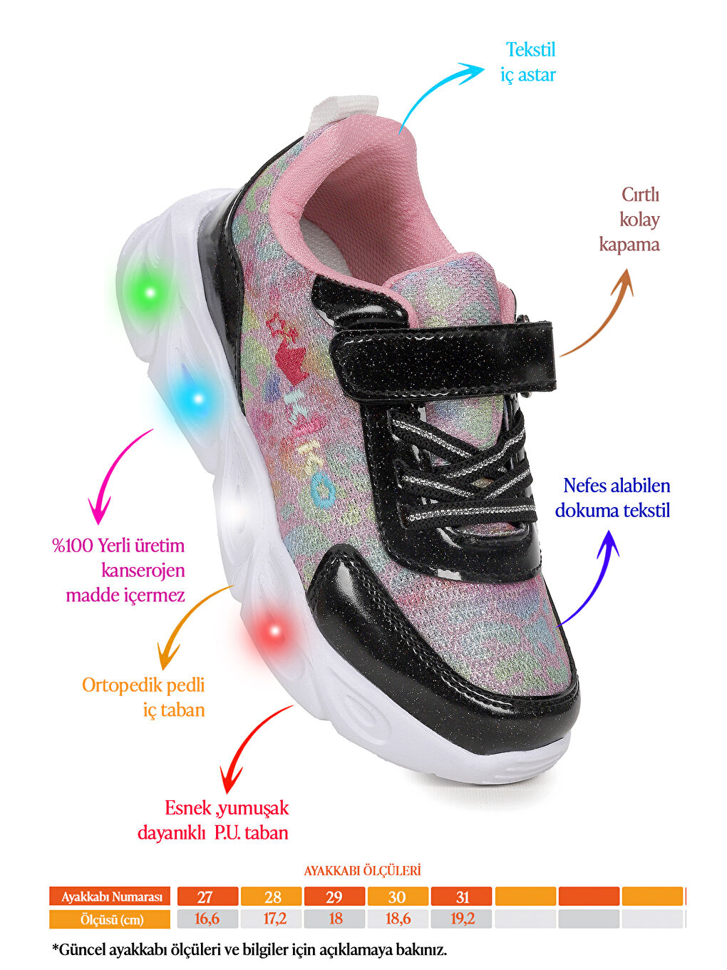 Siyah Teno Cırtlı Işıklı Kız Çocuk Spor Ayakkabı-1