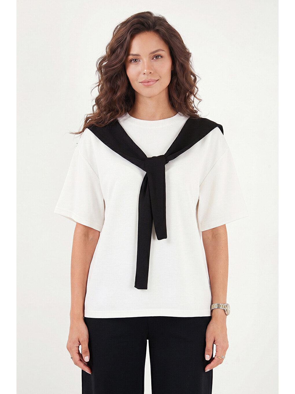 Lila Rahat Kalıp Bisiklet Yaka Omuz Şal Detaylı T Shirt 5867044-4