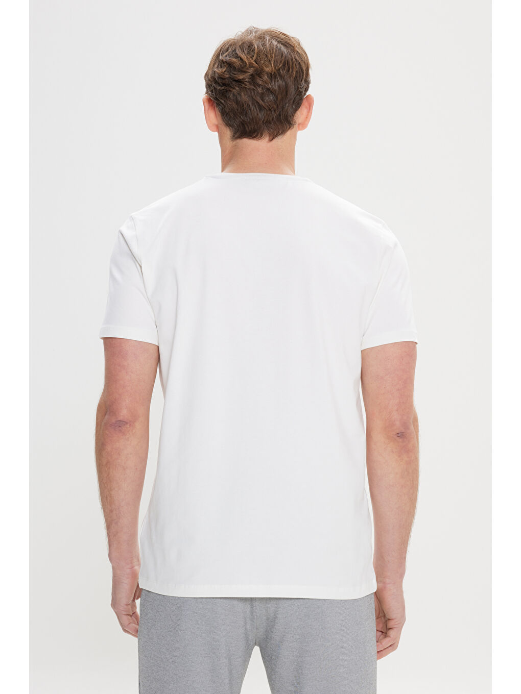 Erkek Ekru Dar Kesim Pamuklu Esnek Baskılı Bisiklet Yaka Tişört-4