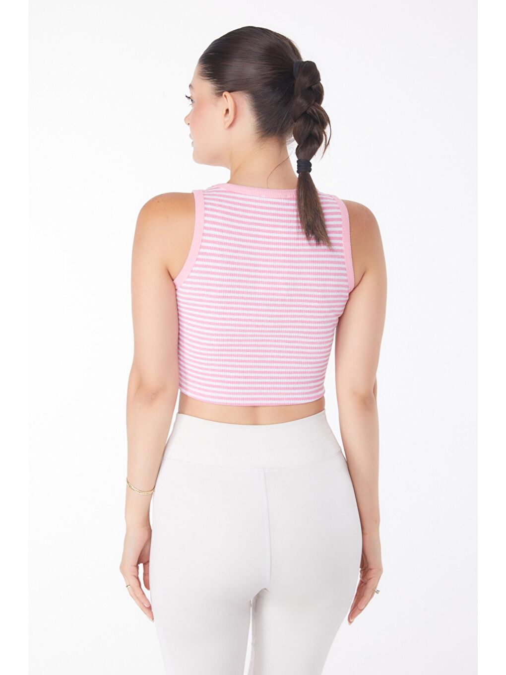 TOFİSA Pembe Düz Bisiklet Yaka Kadın Pembe Çizgili Crop - 25958 - 4