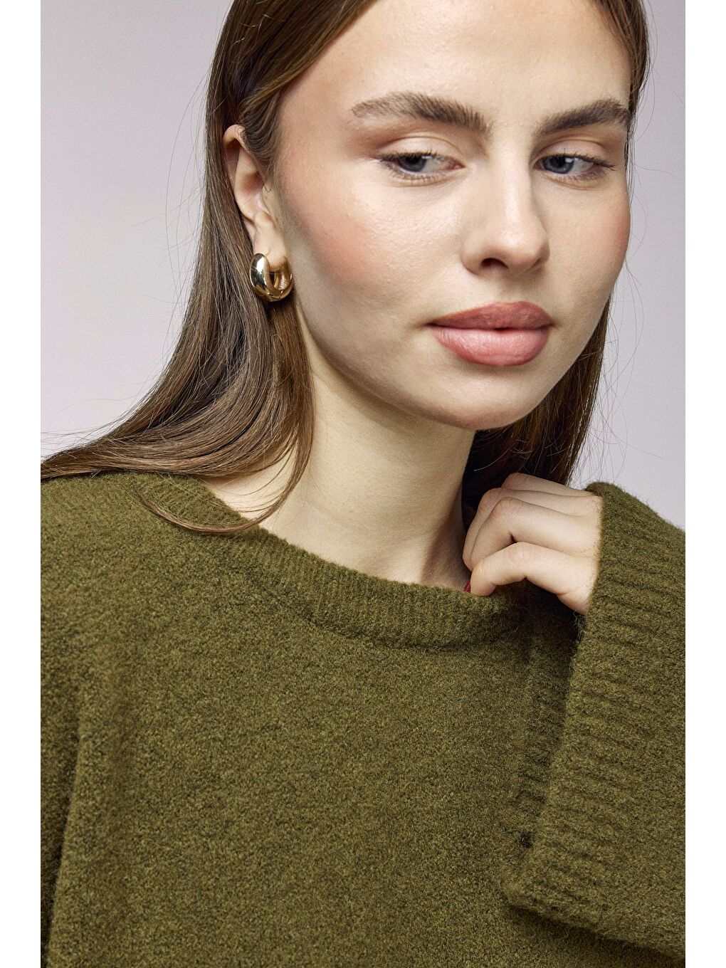 Beyaz Haki Bisiklet Yaka Oversize Dokulu Triko Kazak - Geniş Kol Detay-4