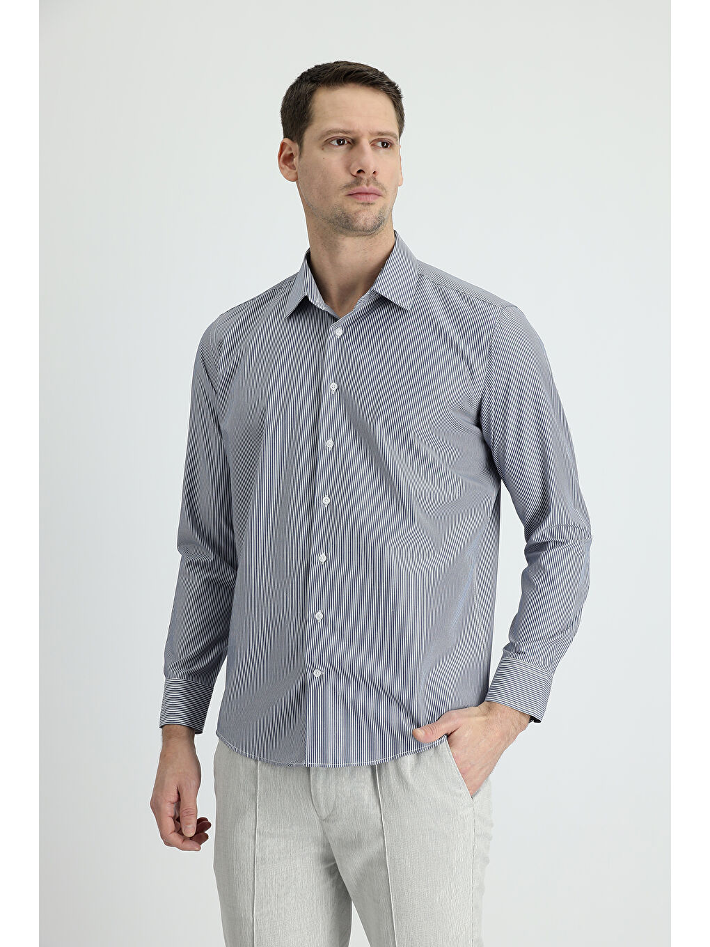 Lacivert Uzun Kol Slim Fit Dar Kesim Klasik Çizgili Pamuklu Kolay Ütülenebilir Gömlek