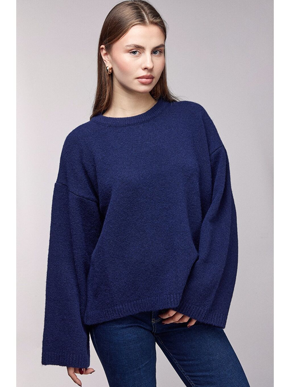 Lacivert Bisiklet Yaka Oversize Dokulu Triko Kazak - Geniş Kol Detay-1