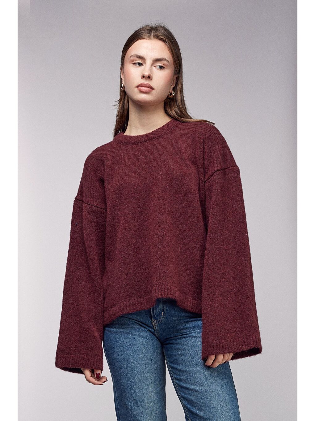 Bordo Bisiklet Yaka Oversize Dokulu Triko Kazak - Geniş Kol Detay-1