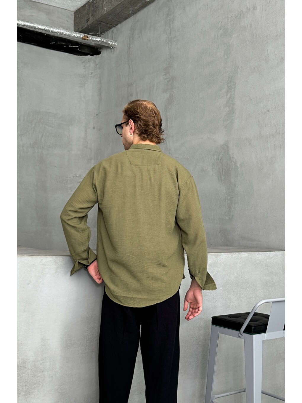 Haki Erkek Oversize Kesim Keten Görünümlü Gömlek-3
