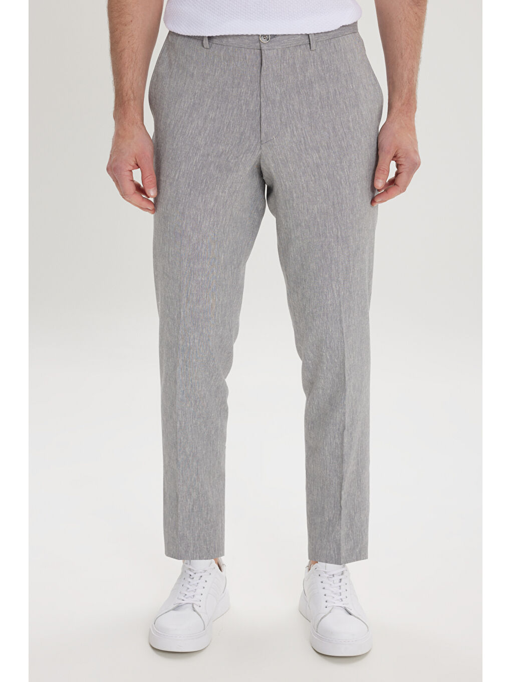 Erkek Gri Slim Fit Dar Kesim Keten Pamuk Yan Cepli Desenli Esnek Pantolon-1